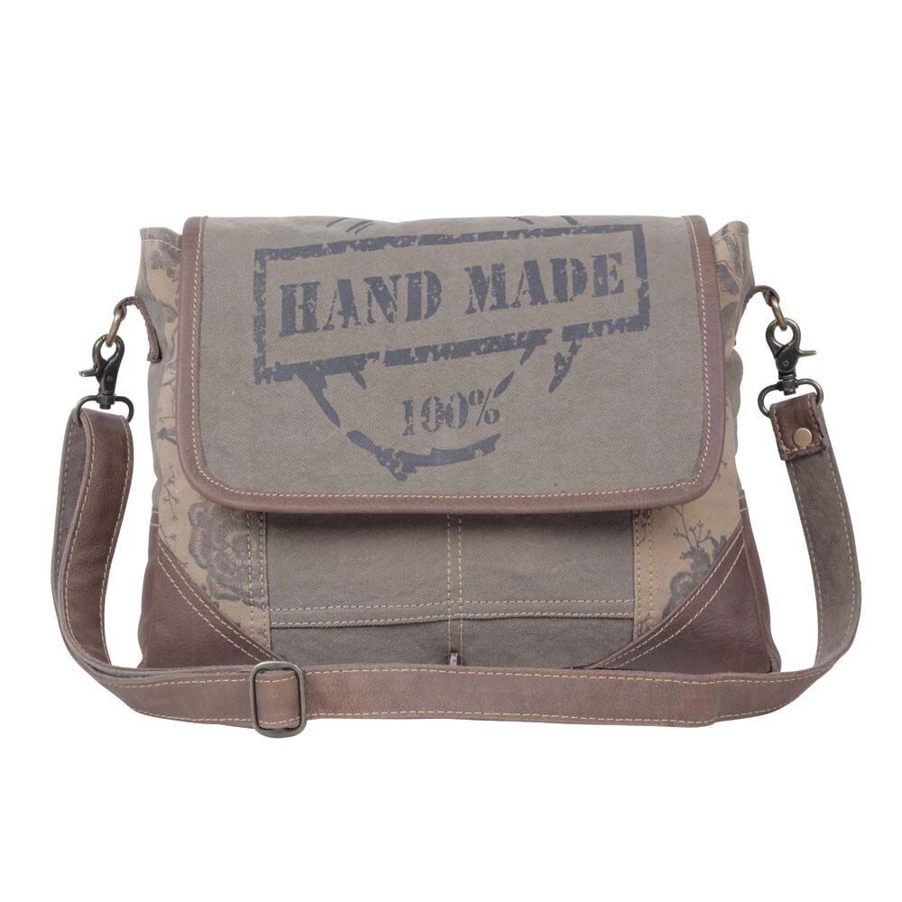 Myra Bag Handmade Wildest  Messenger Bag Upcycled Canvas & Cowhide Leather - Picture 7 of 9